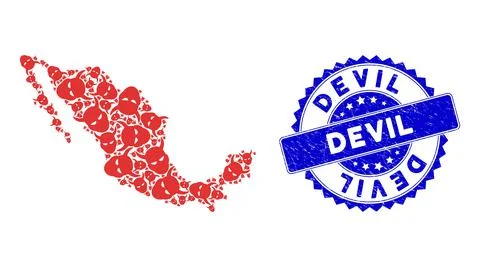 Mexico Map Pattern of Daemon Head Icons and Grunge Devil Badge 库存插图