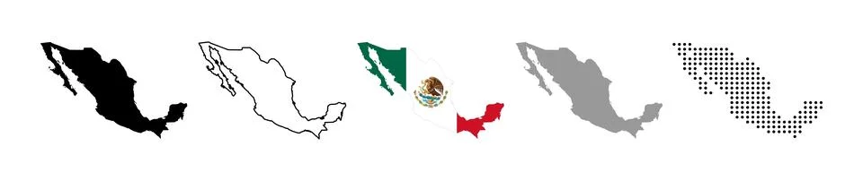 Mexico map vector icon set. Silhouette, states, regions, outline, flag, fla.. 스톡 일러스트