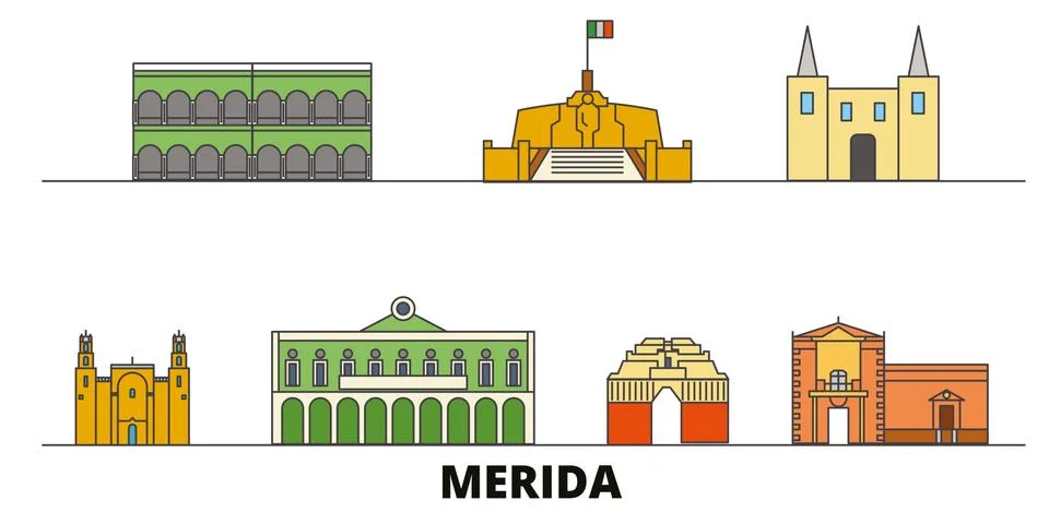 Mexico, Merida flat landmarks vector illustration. Mexico, Merida line city with Ilustración de archivo