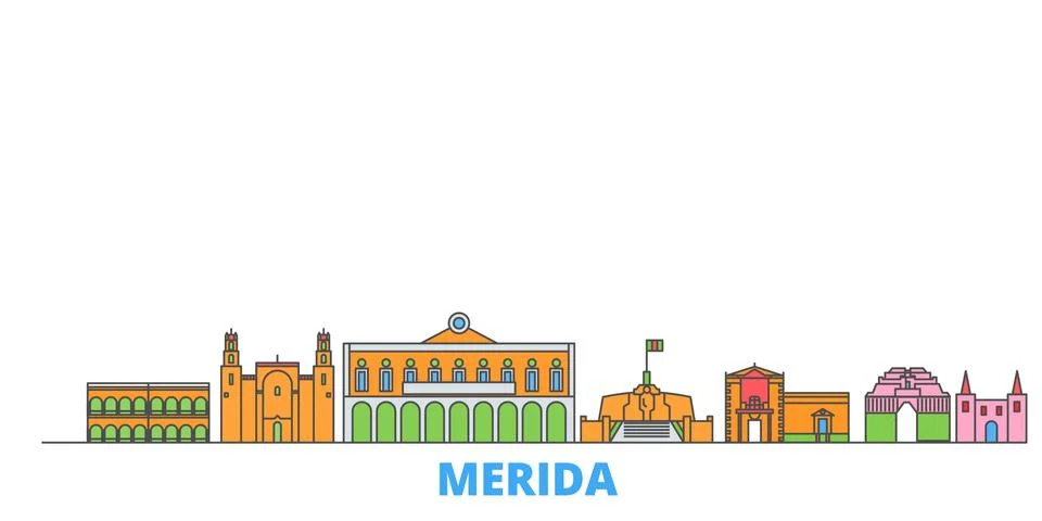 Mexico, Merida line cityscape, flat vector. Travel city landmark, oultine Ilustración de archivo