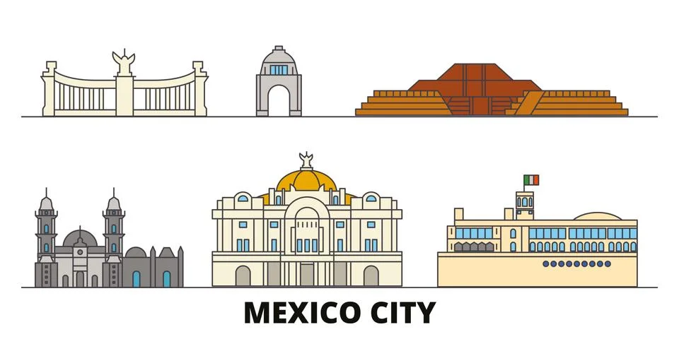 Mexico, Mexico flat landmarks vector illustration. Mexico, Mexico line city with Ilustración de archivo