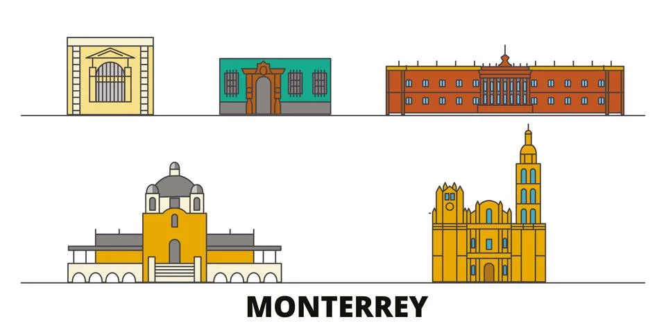 Mexico, Monterrey flat landmarks vector illustration. Mexico, Monterrey line Ilustración de archivo