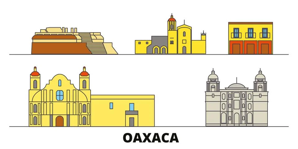 Mexico, Oaxaca flat landmarks vector illustration. Mexico, Oaxaca line city with Ilustración de archivo