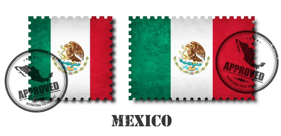 Mexico or mexican flag pattern postage stamp with grunge old scratch texture  Illustrazione stock