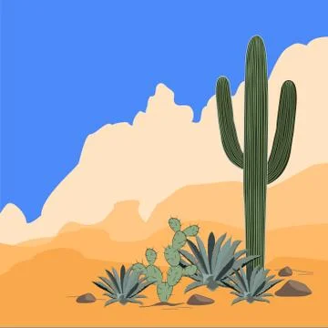 Mexico pattern with opuntia, agave, and saguaro cacti. Mountains background. Illustrazione stock