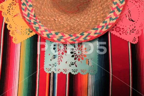Mexico poncho sombrero background fiesta cinco de mayo decoration bunti Stock Photos
