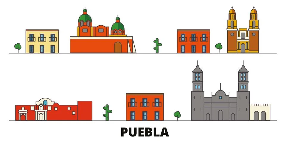 Mexico, Puebla flat landmarks vector illustration. Mexico, Puebla line city with Ilustración de archivo