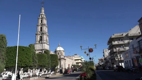 Mexico San Julian church tower and street Stock Footage