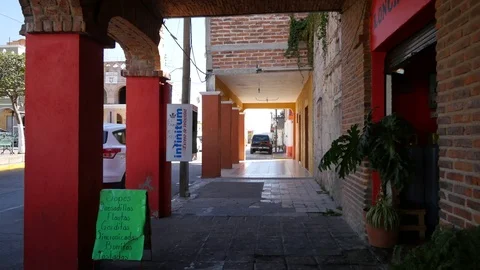 Mexico Santa Maria del Valle covered sidewalk Stock Footage