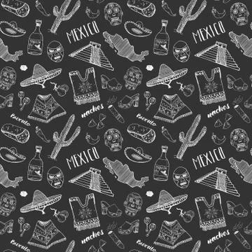 Mexico seamless pattern doodle elements, Hand drawn sketch mexican traditiona 库存插图