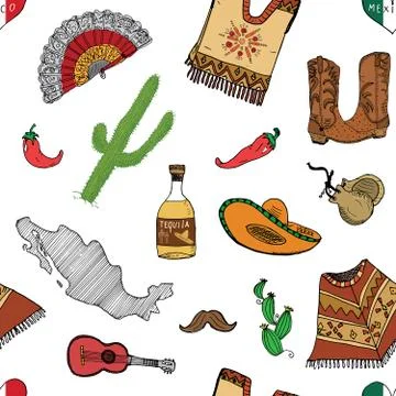 Mexico seamless pattern doodle elements, Hand drawn sketch mexican traditiona Stock Illustration