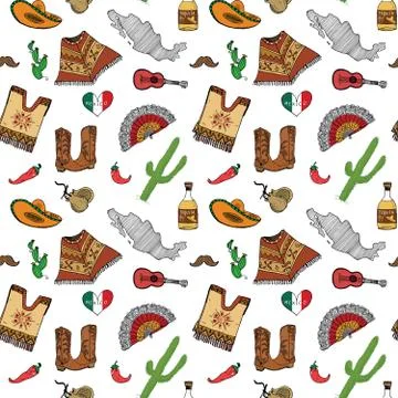 Mexico seamless pattern doodle elements, Hand drawn sketch mexican traditiona Stock Illustration