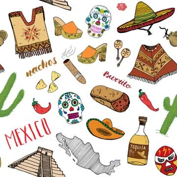 Mexico seamless pattern doodle elements, Hand drawn sketch mexican traditiona Illustrazione stock