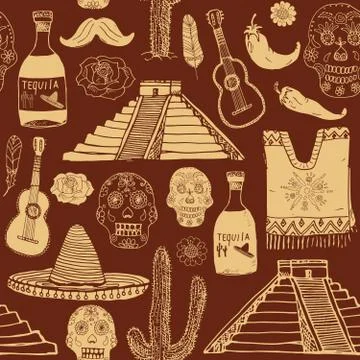 Mexico seamless pattern doodle elements, Hand drawn sketch mexican traditiona Stock Illustration