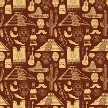 Mexico seamless pattern doodle elements, Hand drawn sketch mexican traditiona Stock Illustration