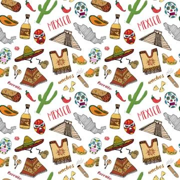 Mexico seamless pattern doodle elements, Hand drawn sketch mexican traditiona Illustrazione stock