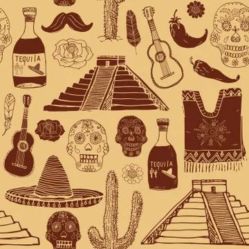 Mexico seamless pattern doodle elements, Hand drawn sketch mexican traditiona Stock Illustration