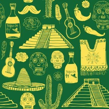 Mexico seamless pattern doodle elements, Hand drawn sketch mexican traditiona 库存插图