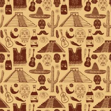 Mexico seamless pattern doodle elements, Hand drawn sketch mexican traditiona Stock Illustration