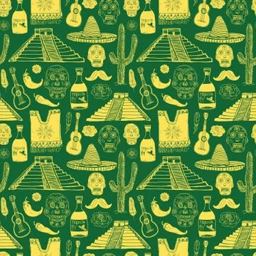Mexico seamless pattern doodle elements, Hand drawn sketch mexican traditiona Stock Illustration