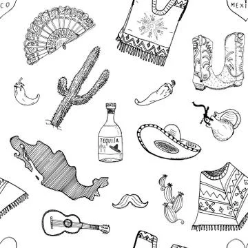 Mexico seamless pattern doodle elements, Hand drawn sketch mexican traditiona Stock Illustration