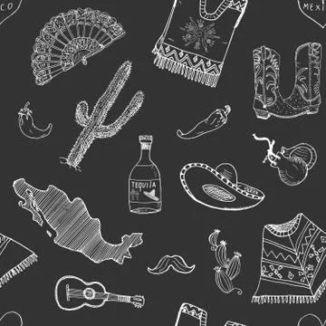 Mexico seamless pattern doodle elements, Hand drawn sketch mexican traditiona Stock Illustration