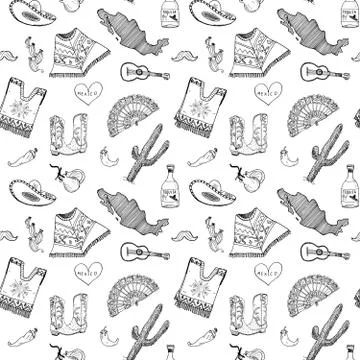 Mexico seamless pattern doodle elements, Hand drawn sketch mexican traditiona Stock Illustration