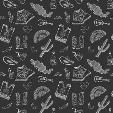 Mexico seamless pattern doodle elements, Hand drawn sketch mexican traditiona Illustrazione stock