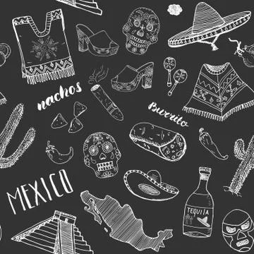 Mexico seamless pattern doodle elements, Hand drawn sketch mexican traditiona Stock Illustration