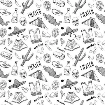 Mexico seamless pattern doodle elements, Hand drawn sketch mexican traditiona Stock Illustration