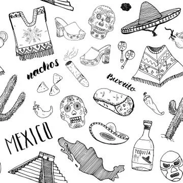 Mexico seamless pattern doodle elements, Hand drawn sketch mexican traditiona Illustrazione stock