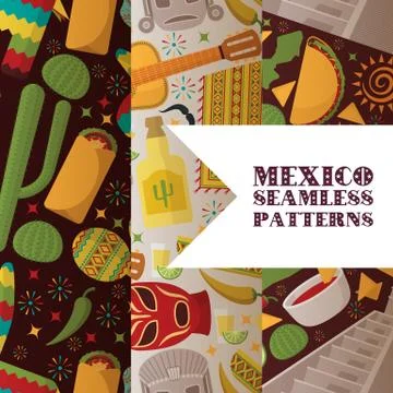 Mexico symbols seamless pattern, vector illustration. Mexican culture flat icons Stock Illustration