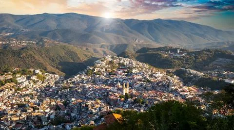 Mexico, Taxco city lookout overlooking scenic hills and colorful colonial his Stock Photos