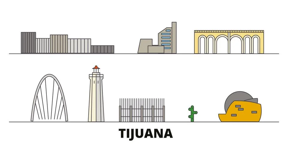 Mexico, Tijuana flat landmarks vector illustration. Mexico, Tijuana line city Ilustración de archivo