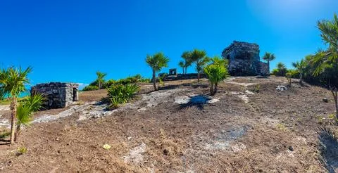 Mexico, Tulum, panoramic view of the ruin of the temple of the wind god Stock Photos