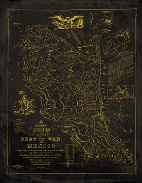 Mexico War Historic Map Black And Gold Seat of War in Mexico, Battles and M.. Stockillustratie