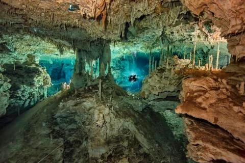 Mexico, Yucatan, cave diver exploring the cenote system Dos Pisos Stock Photos