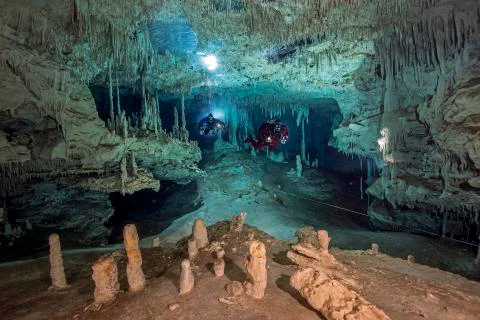 Mexico, Yucatan, Tulum, cave divers in the system Dos Pisos Stock Photos