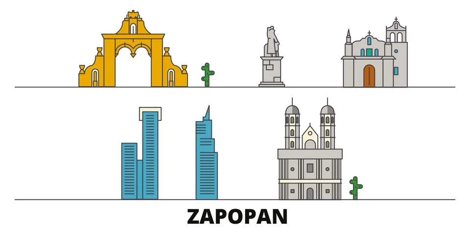 Mexico, Zapopan flat landmarks vector illustration. Mexico, Zapopan line city Ilustración de archivo