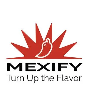 Mexify with a red chili pepper inside a sunburst shape, black bold text. Stock Illustration