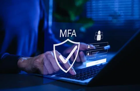 MFA, Multi-Factor Authentication Security Concept. Person typing on laptop Stock Photos