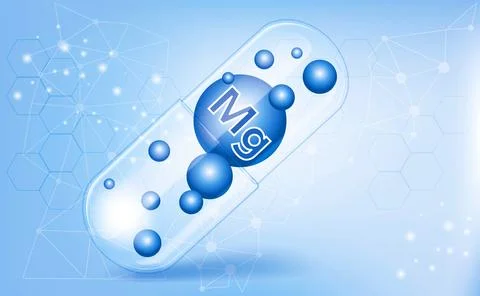 Mg, magnesium, vitamin inside a translucent capsule, macronutrient, dietary.. Stock Photos