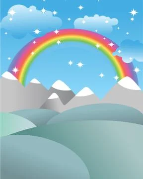 Mgic landscape with rainbow. Fields and meadows. Mountains and rocks. White c Stock Illustration