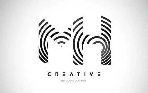 MH Lines Warp Logo Design. Letter Icon Made with Black Circular Lines. Stock Illustration