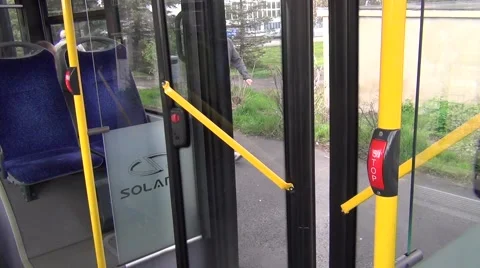 MHD Teplice trolleybus inside. Doors closing to depart from a stop Stock Footage 64694819