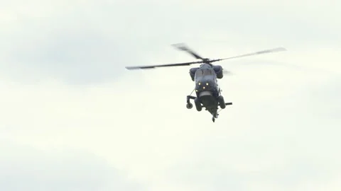 Mi-14PŁ helicopter doing maneuvers at air show in Gdynia Stock-Footage 136498587
