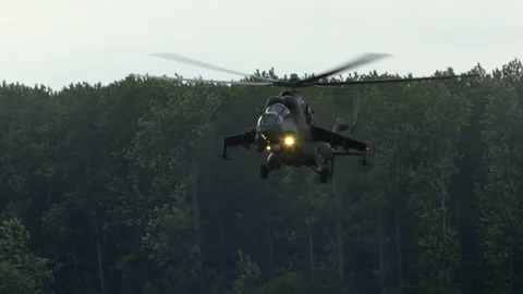 Mi-24 helicopters doing maneuvers at air show in Gdynia Stock Footage 136497195