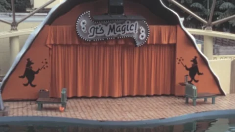 Miami - 1984: Empty stage of a magic show with seals at Miami Seaquarium pool Stock Footage 304963095