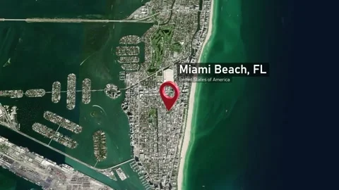 Miami Beach City Map Zoom (FL, USA) from Space to Earth Stock Footage 296005378