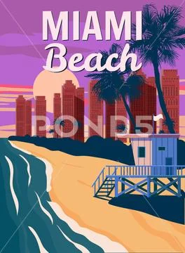 Miami Beach, City Skyline, Retro Poster. Sunset, Lifeguard house, coast ...